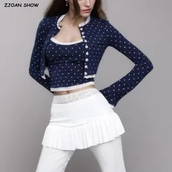 2024 American Retro Polka Dot Print Open Buttons T-shirt + Lace Slash Collar Camis Crop Top T-shirt Set Navy Black