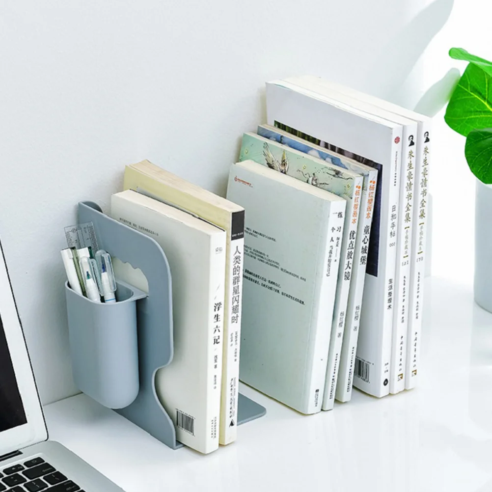 Telescopic Book Shelf Simple Bookstand Creative Book Ends Book Stand With Pen Container for Home Office Shop Store (Grey