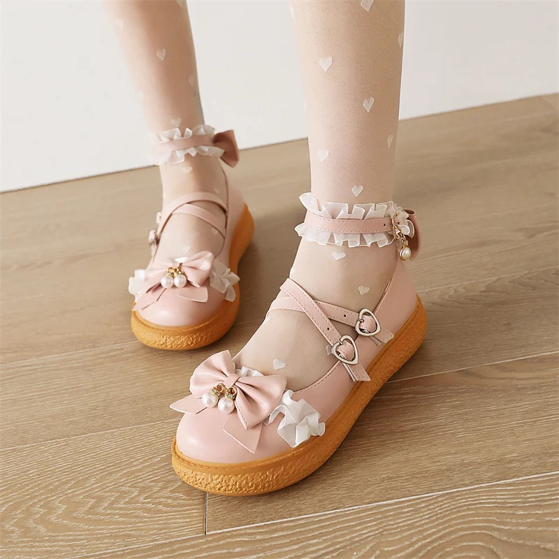 YQBTDL Thick Bottom Pearl Pendant Mary Jane Shoes Pumps for Women Cross Strappy Belt Buckle Bowknot Lolita Wedding Shoes 2022