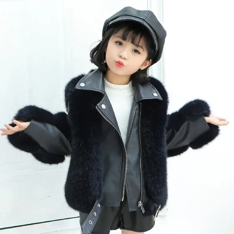 Children Fur Coat Autumn and Winter Clothing for Girls and Boys Faux Fox Fur Motorcycle Suit Fashion Warm Coat