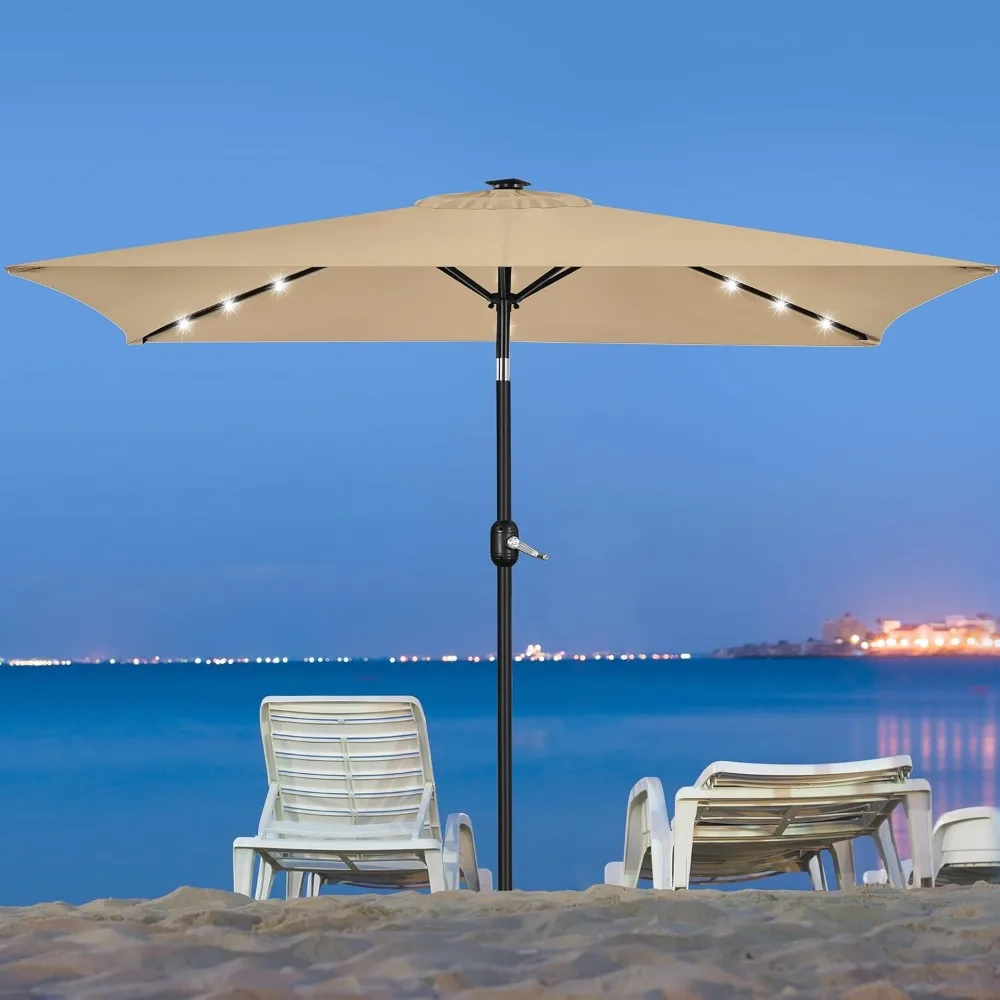6.5x10FT Rectangular Patio Umbrella Solar Powered LED Lights Push Button Tilt Easy Crank for Garden Lawn Beach Pool Deck