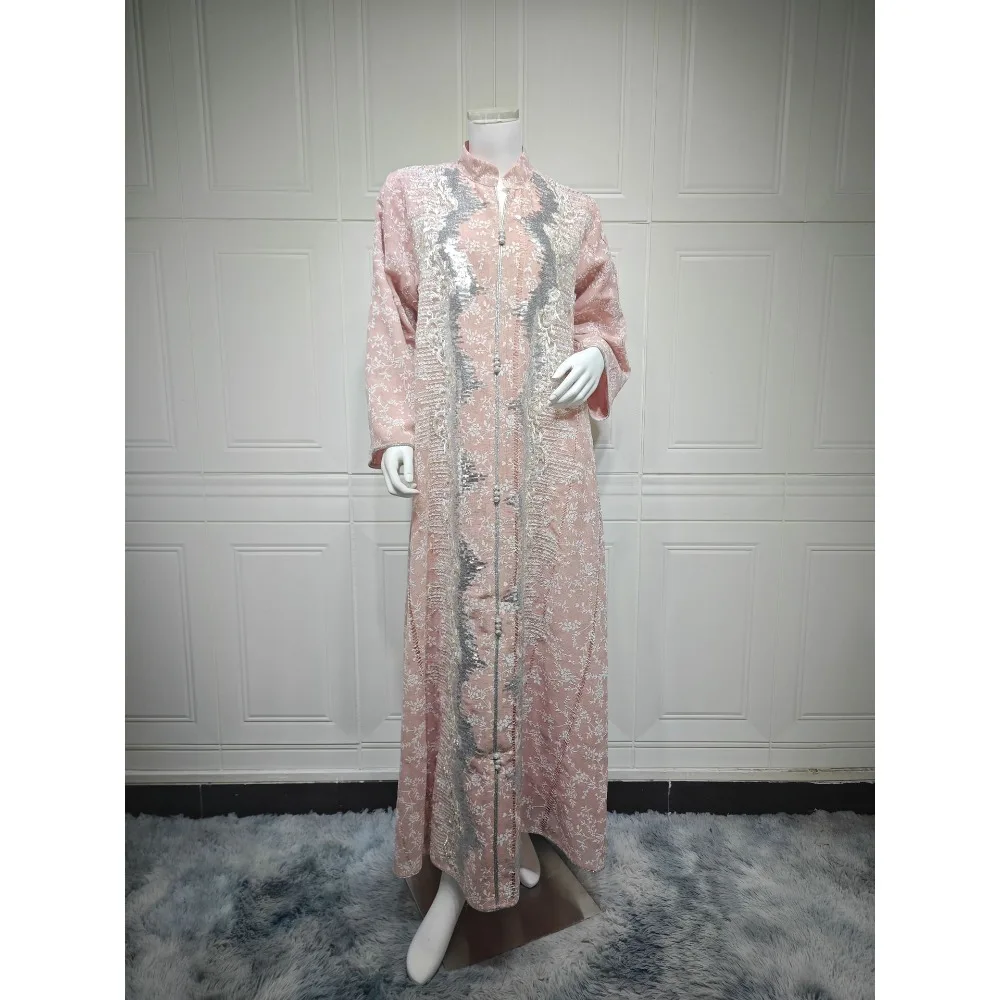 Eid Muslim Abaya Dress for Women Sequins Button Jalabiya Kaftan Islam Vestidos Largo Arab Long Robe Ramadan Morocco Abayas