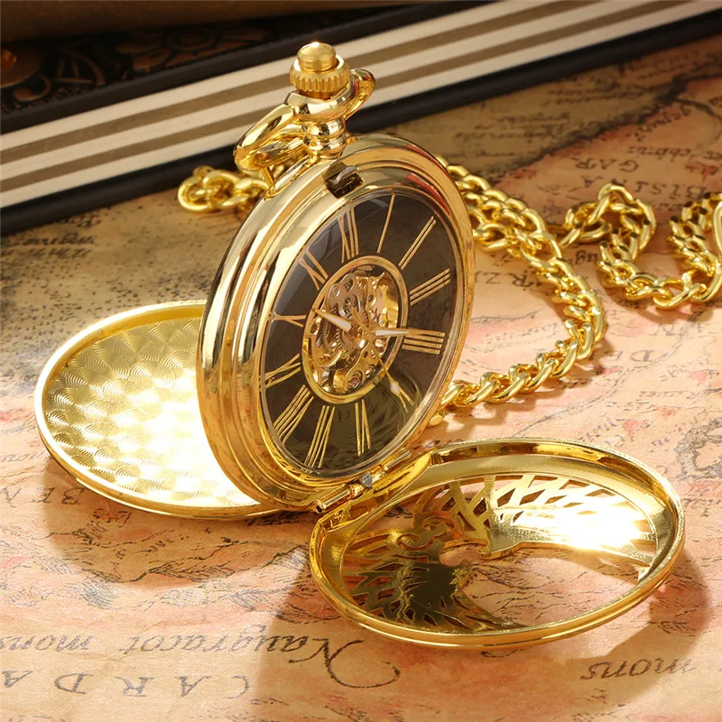 Luxury Golden Hollow Out Heart-Shaped Feather Case Pocket Watch Double Hunter Handwind Mechanical Watches with Pendant Chain