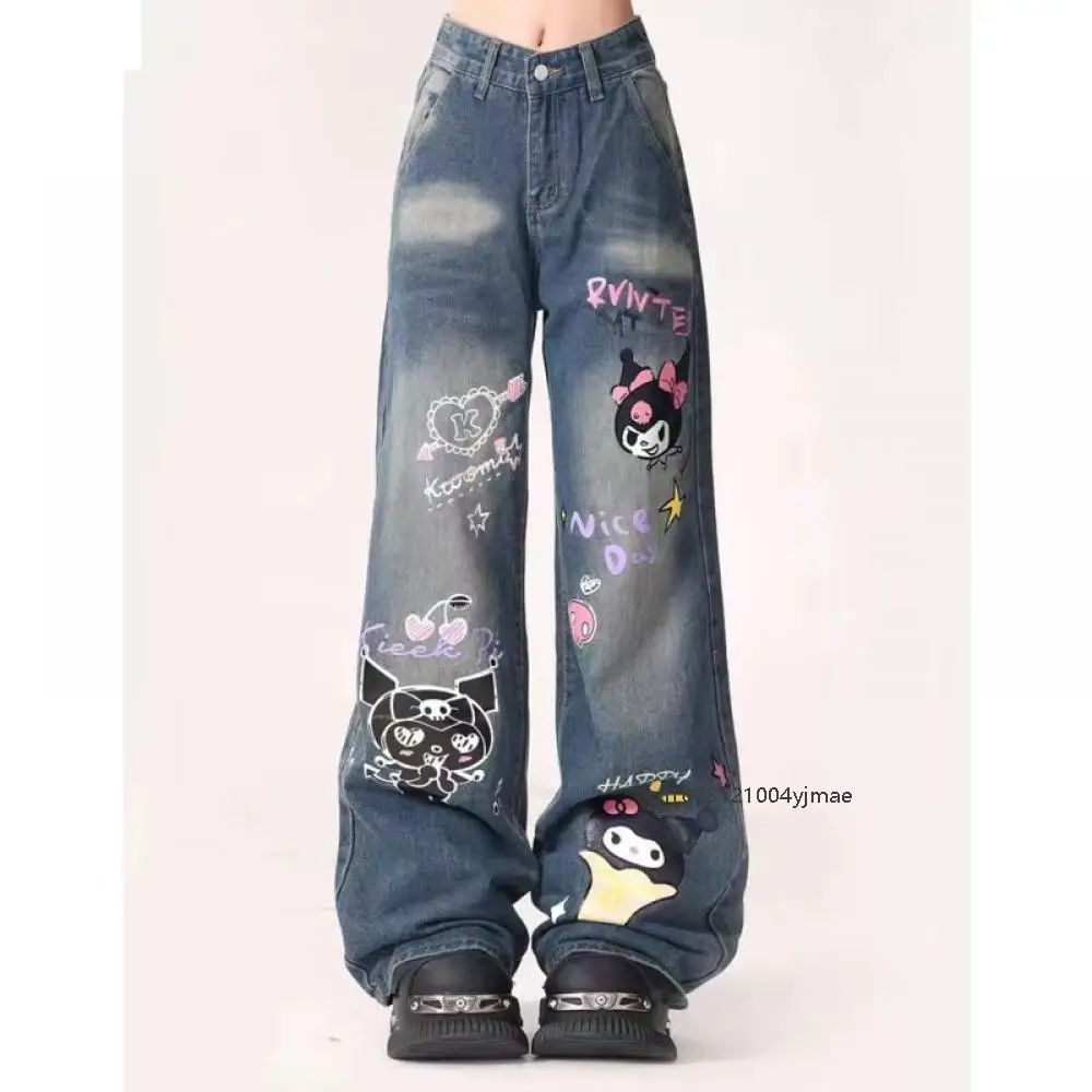 Kuromi impresso micro queimado jeans sanrio coreano streetwear solto calças retas y2k moda feminina cintura alta calças de perna larga