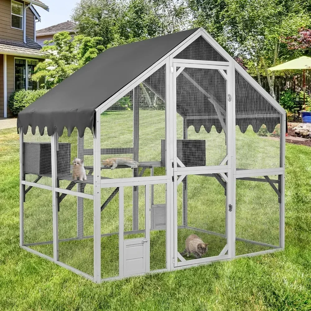 Outdoor Cat House Large for Multiple Cats, Wooden Cat Condo Cage for Outside with Waterproof Roof, Playpen, Resting Box