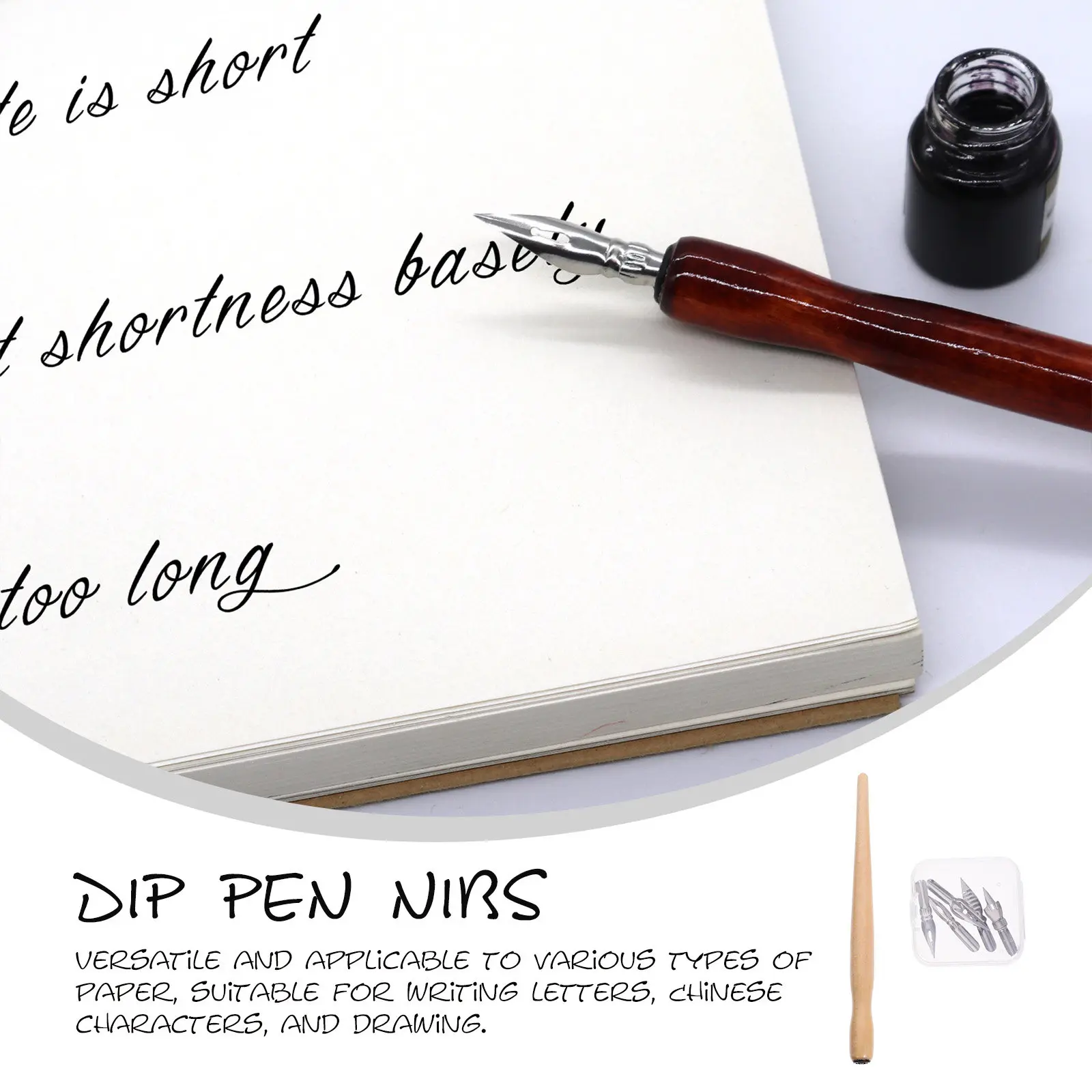 1Set Exquisite Calligraphy Dip Pen Set Natural Wood Rod Steel Interchangeable Nibs Bent Tip Comfort Grip for Detailed Lettering
