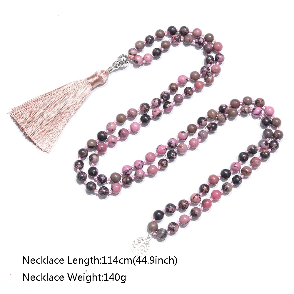 8mm Rhodochrosite 108 Mala koraliki wiązane naszyjnik medytacja joga modlitwa różańce kobiety urok długi biżuteria z frędzlami