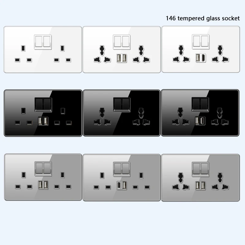 

UK 13A Wall Socket with Type-C 18W Fast Charging Plug Socket,Glass Panel Power Double Universal Outlet with Quick USB C charge