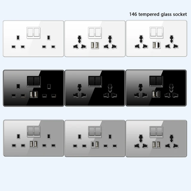 Gniazdo ścienne UK 13A z wtyczką szybkiego ładowania Type-C 18W, podwójne uniwersalne gniazdo zasilania ze szklanym panelem i szybkim ładowaniem USB C