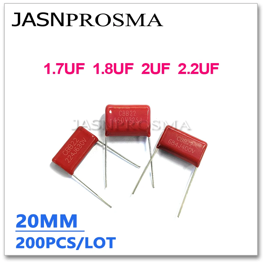 קבל jasnprosma cbb מגרש 20mm 250v 400v 450 200pcs 1.7uf 1.8uf 2uf 2.2uf 175j 185j
