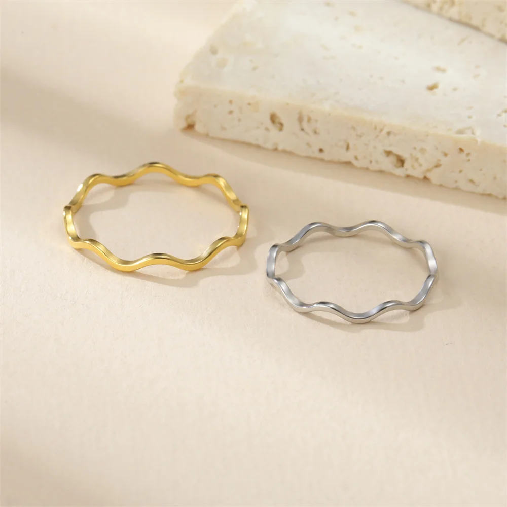 Minimalist Stackable Wave Rings for Women Geometric Finger Ring Stainless Steel Golden Jewelry Thin Rings Set Daily Party Wear