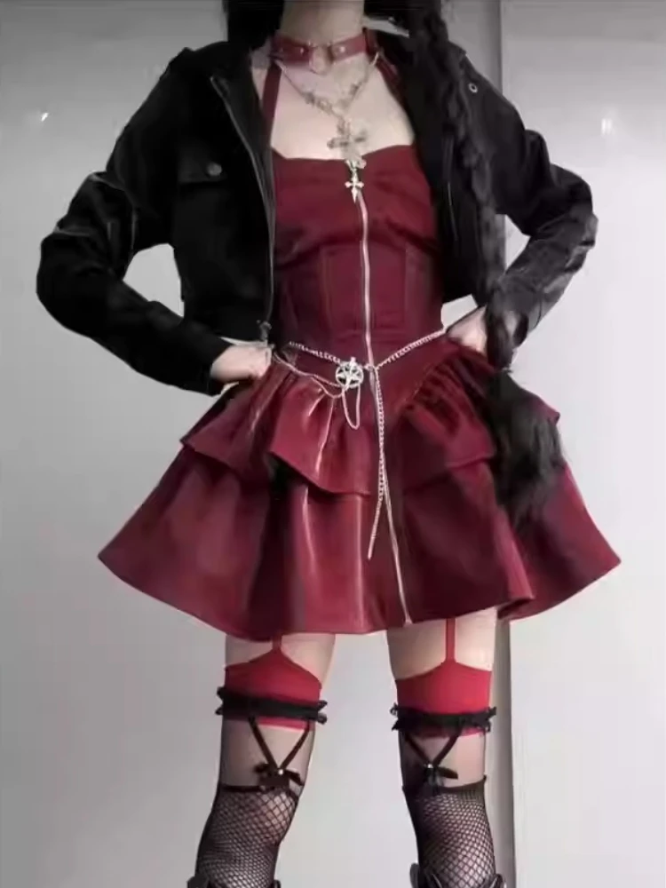 

Y2k Эстетический готический панк комплект из 2 предметов женский дизайн короткое пальто с капюшоном + сексуальное мини-платье Harajuku модные винтажные наряды на Хэллоуин