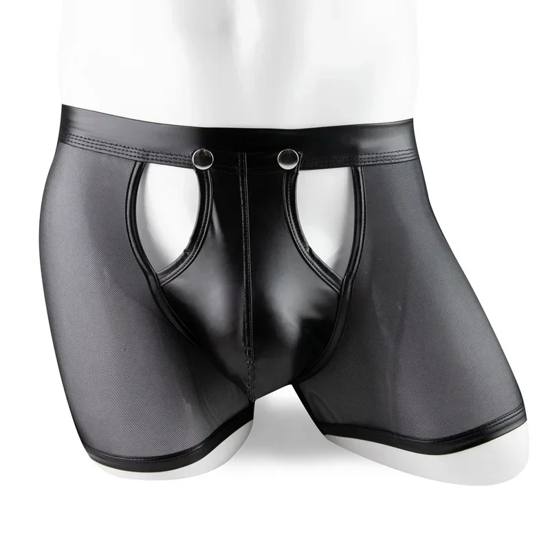 

Men's Mesh Transparent Boxer Briefs Faux Leather Detachable Buckle Pouch Underwear Breathable Athletic Daily Wear Adjustable Fit