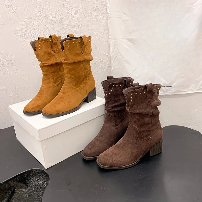 Stud Block Heel Shoes Fashion Square Toe Soft Sole Shoes