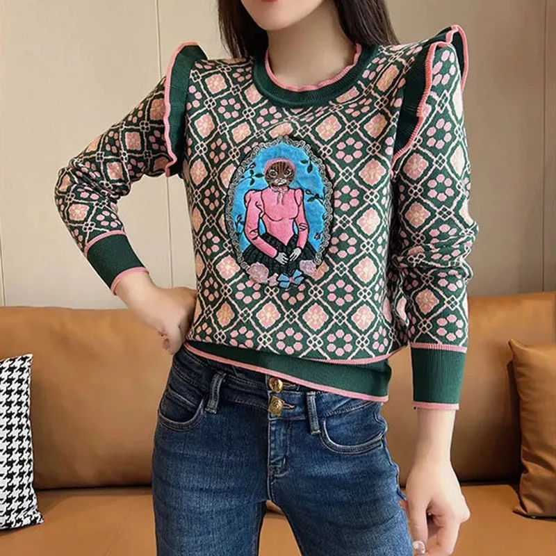 Ruffles Sweater Pullover Women Vintage Cartoon Embroidery Knitwear y2k Tops Female Spring Long Sleeve Woman Sweater Jumper