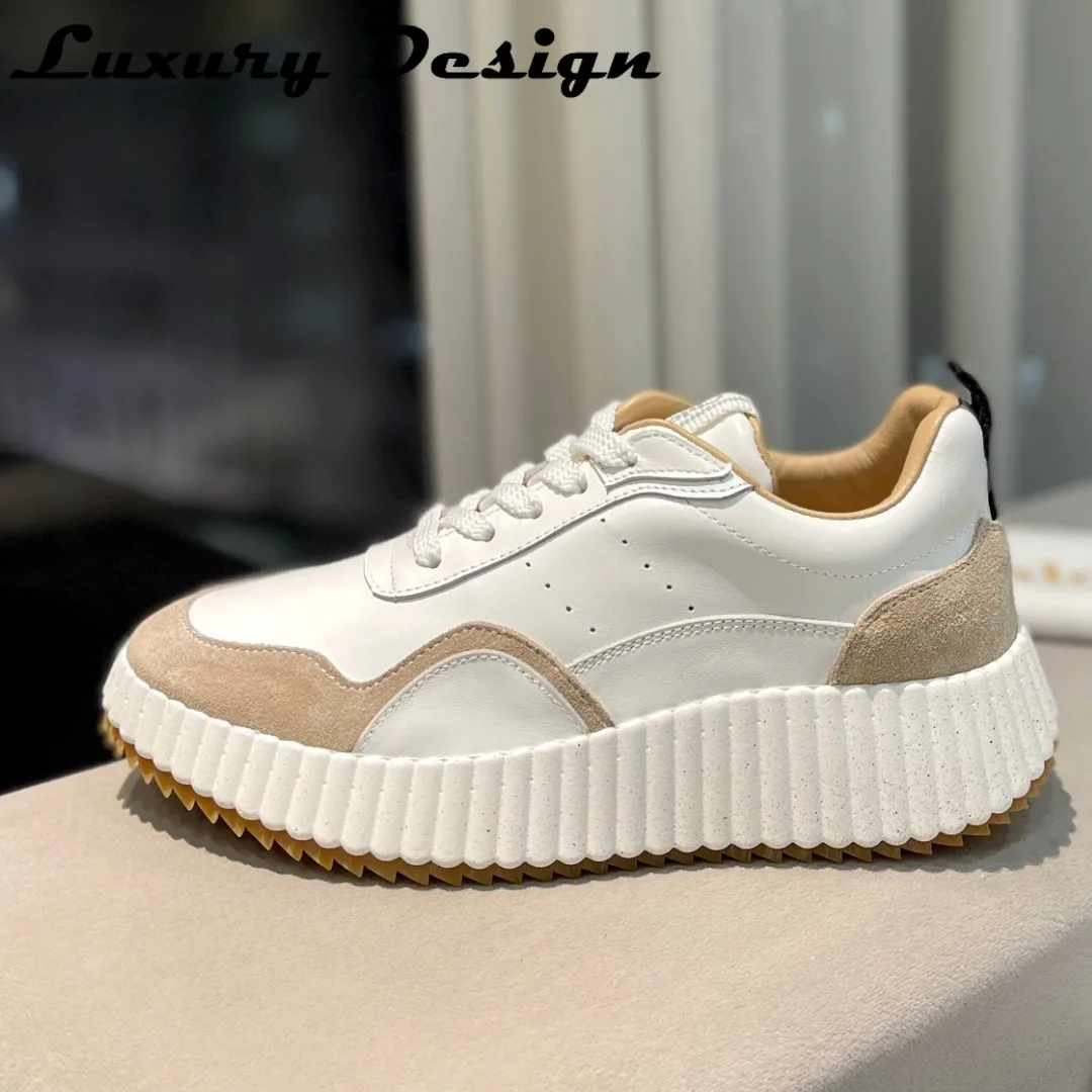Luxury Women Nama Sneakers Knitted Platform Sneakers Round Toe Flats Women Lace Up Patchwork Hand Stithced Walking Tennis Shoes