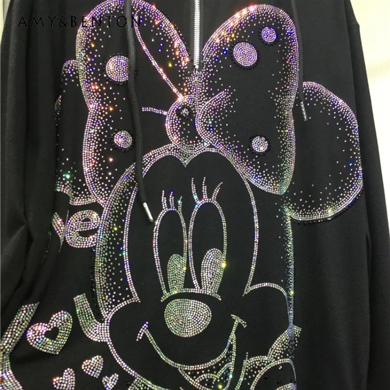 

Cute Cartoon Rhinestone Hoodies Autumn Winter Mid-Length Cotton Sweatshirts Versatile Slimming Hooded Top For Women's Black Coat