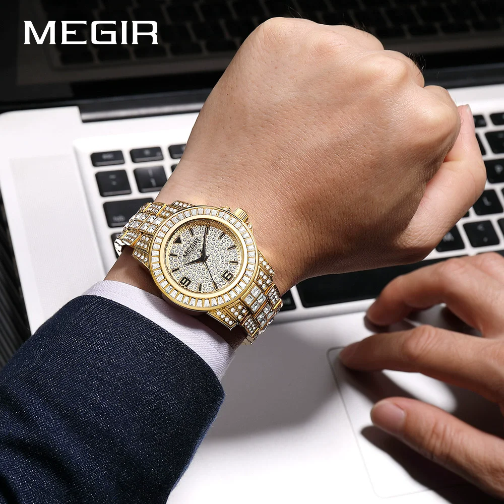 Reloj MEGIR 1092 de cuarzo a la moda de negocios para hombre, relojes informales con correa de acero resistente al agua y diamantes de lujo para hombre, reloj para hombre