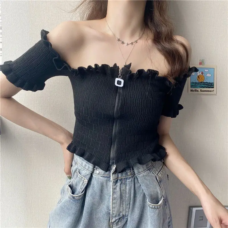 

Short Sleeved Sunscreen Knitted Shirt Thin Women's Summer 2024 New Zipper One Shoulder Wooden Ear Short Top