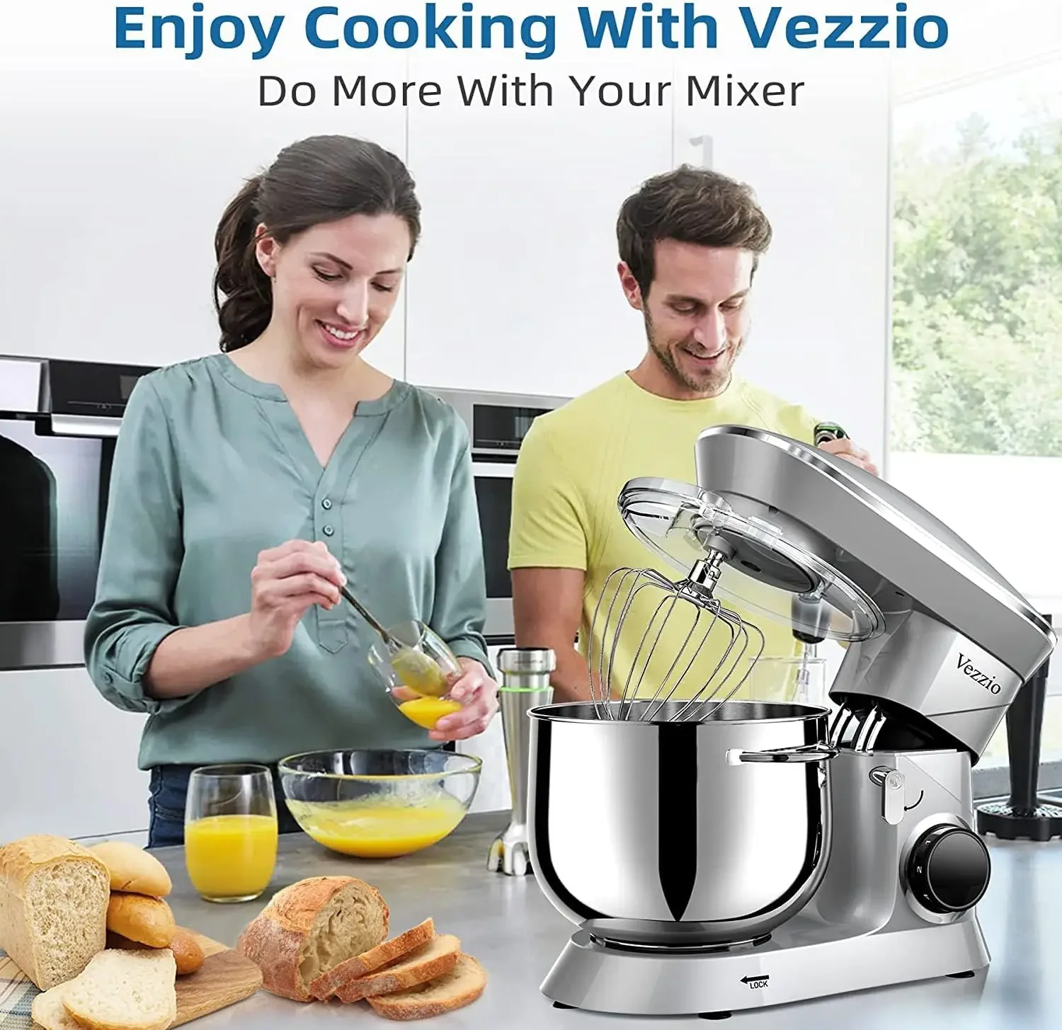 Mélangeur alimentaire à tête inclinable à 10 vitesses, mélangeur électrique de cuisine Vezzio 660W avec bol en acier inoxydable, accessoires lavables au lave-vaisselle pour Mos