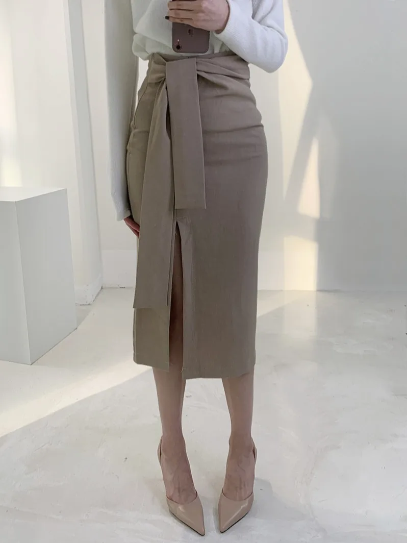 Gonna longuette a vita alta Ele da donna Faionable Versatile f-lunghezza Primavera Semplice Chic Gonna snellente con cintura con cravatta laterale