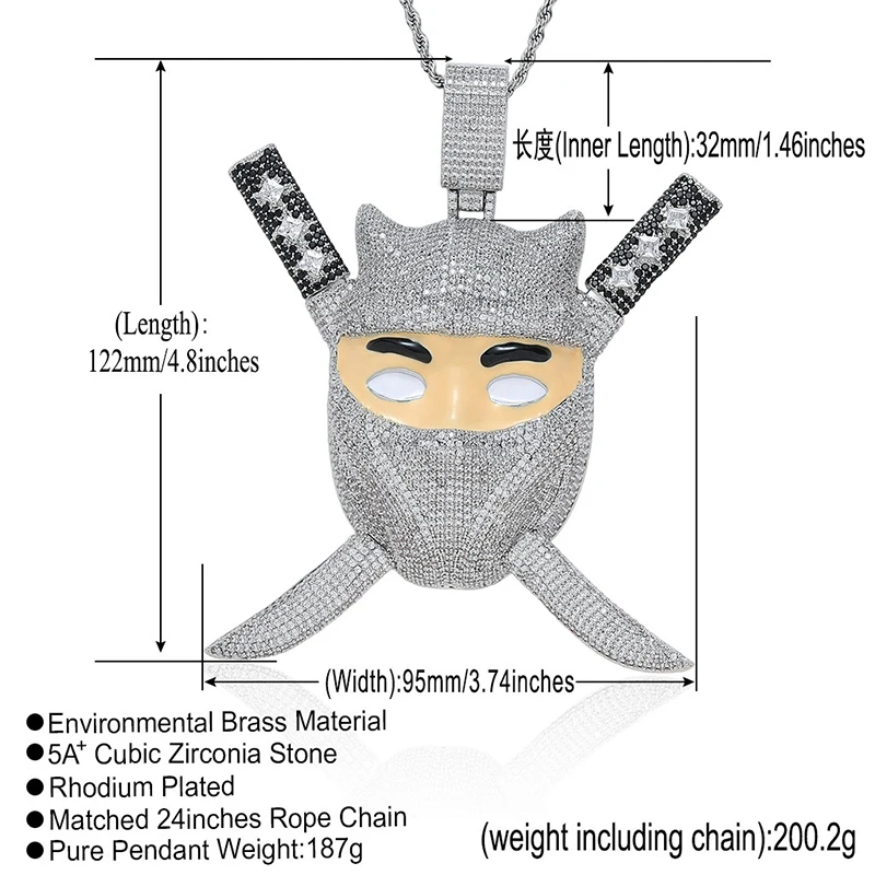 Hip Hop 5A+ CZ Stone Bling Iced Out Japanese ninja Big Pendants Necklace for Men Rapper Jewelry white Gold Color