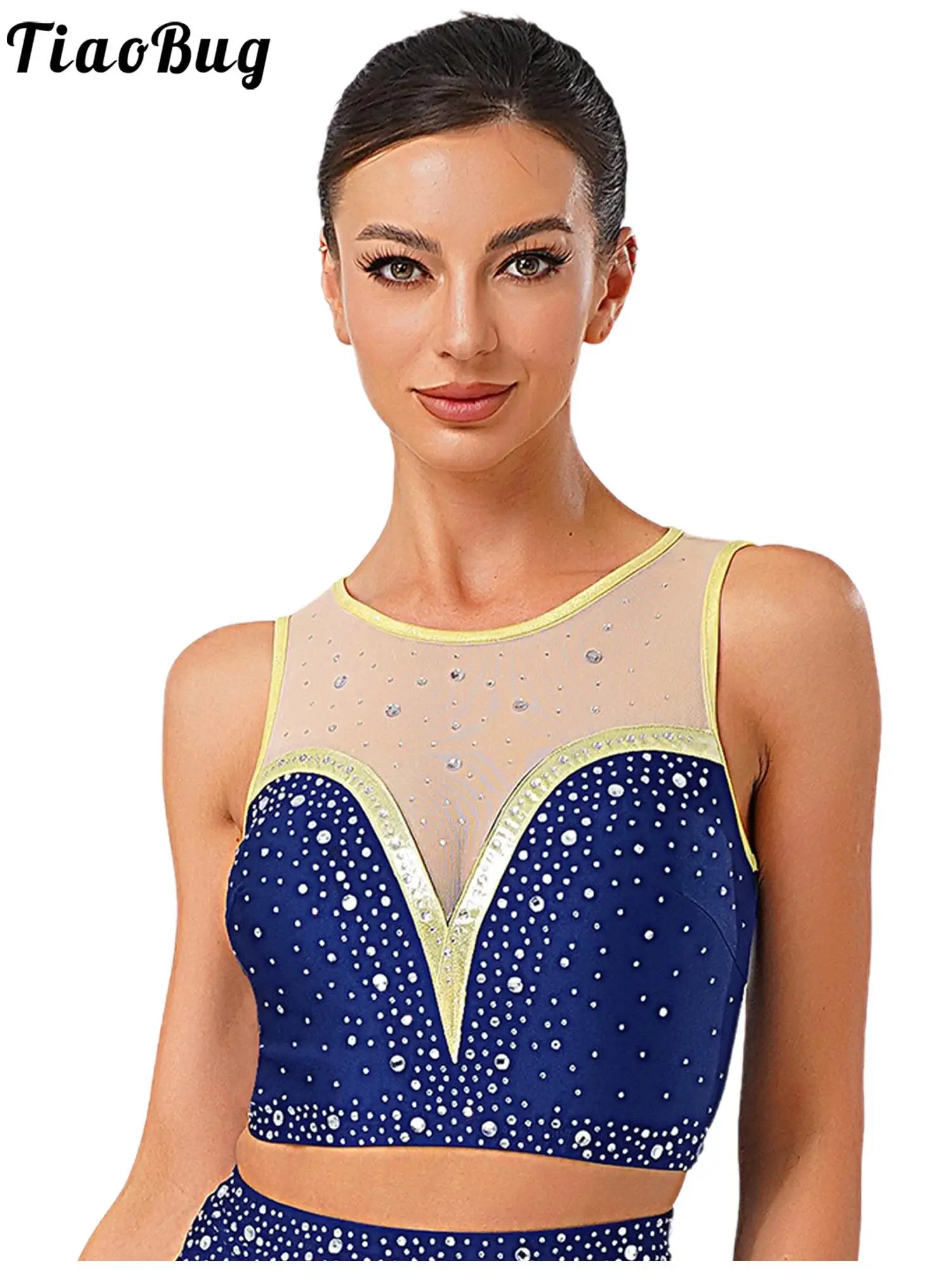 

Women Ballet Lyrical Dance Crop Tops Vest Sparkly Rhinestones Sleeveless Mesh Patchwork Back Hollow Out Gymnastic Dance Camisole