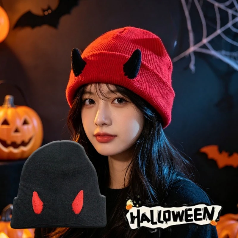 1-5PCS Halloween Devil Horn Knit Beanie Warm Winter Cap Novelty Funny Hip Hop Hat for Men Women Cold Weather