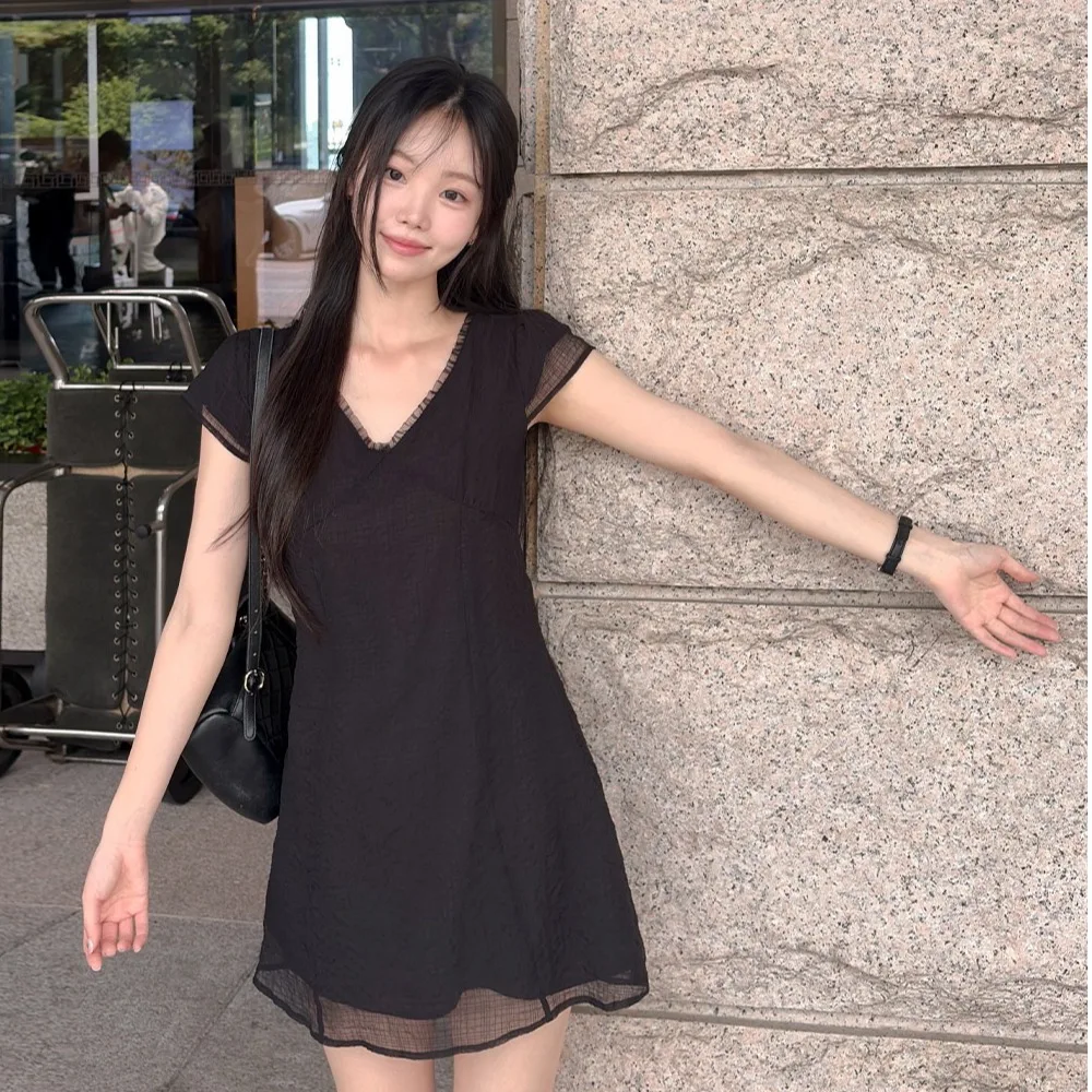 Sweet Style Lace Trim V-neck Dress Waist-cinching Slimming A-line Skirt Short Sleeve Summer Casual Women's Dress
