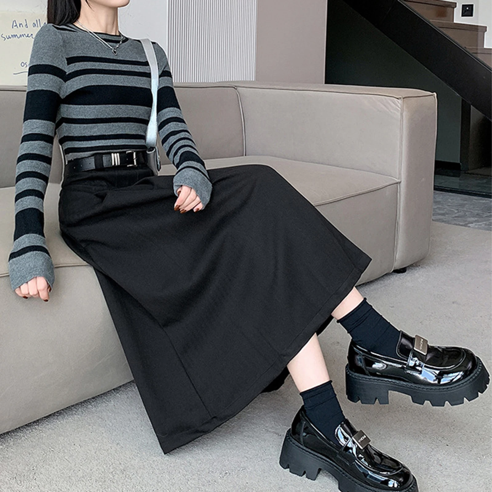 2024 Spring Autumn New Women Woolen Pleated Skirt High Waisted Slimming Fit Long Skirt Solid Academy Style A-line Skirt Belt