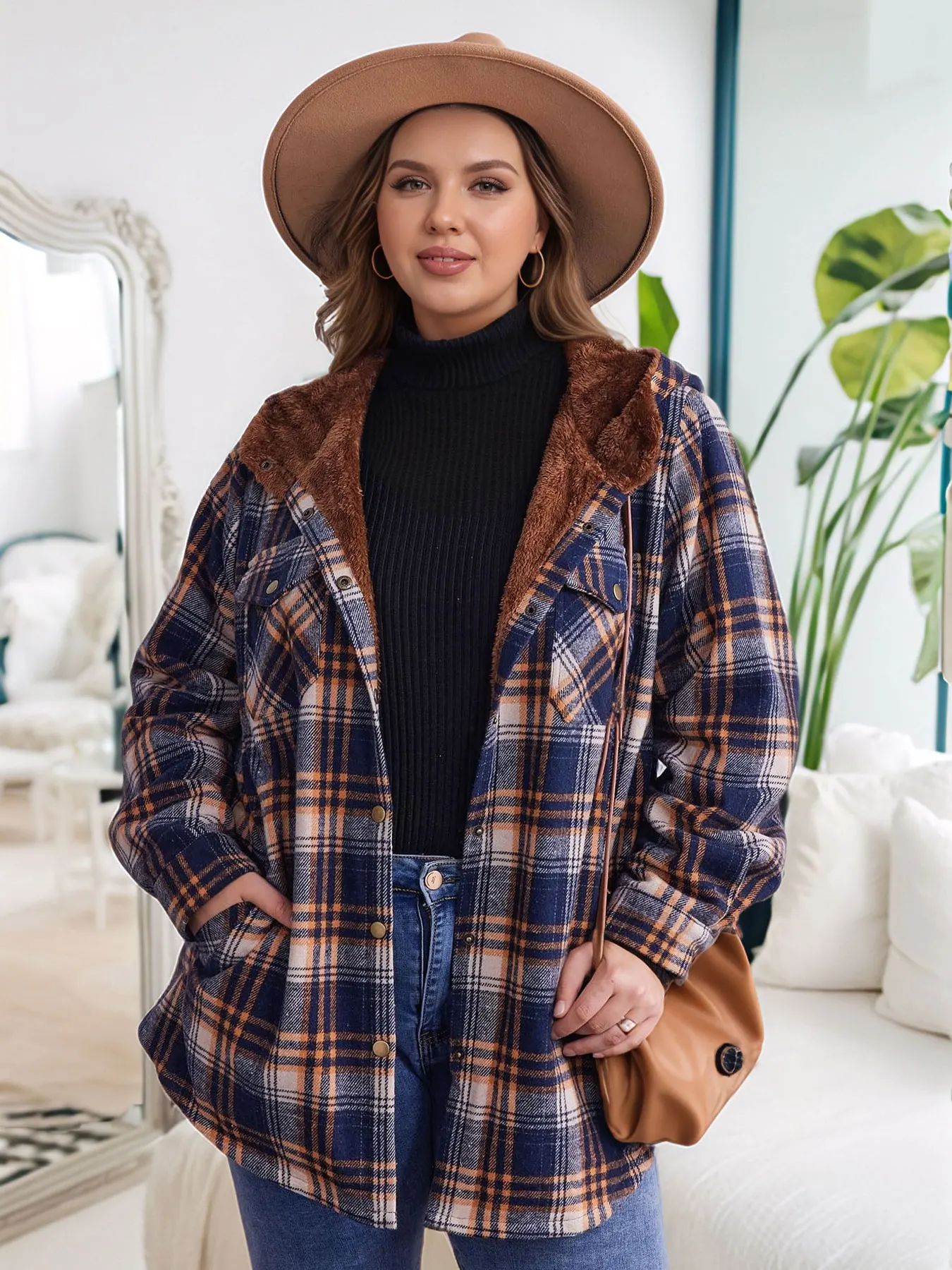 المرأة منقوشة موضة الصوف معاطف الشتاء الدافئة مقنعين سترات صوفية كل مباراة أبلى غير رسمية حجم كبير معطف مريح فضفاض #3