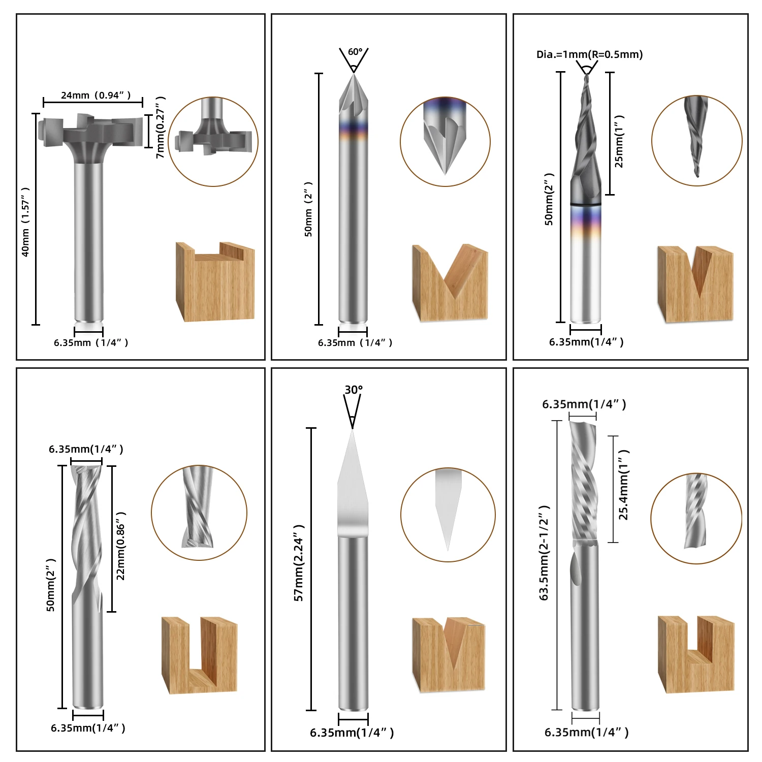 Imagem -03 - Foxalien-cnc Router Bits Kit Essencial End Mill Conjunto para Madeira Metal Alumínio Fresagem Carbide Broca 6.35 mm Shank
