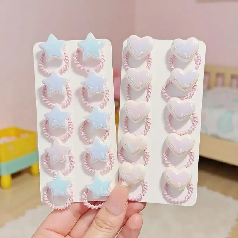 مجموعة من 10 حبال شعر لطيفة على شكل قلب ونجمة ولؤلؤية للأطفال؛ إكسسوارات شعر بأربطة مطاطية مرنة لفتاة الأميرة