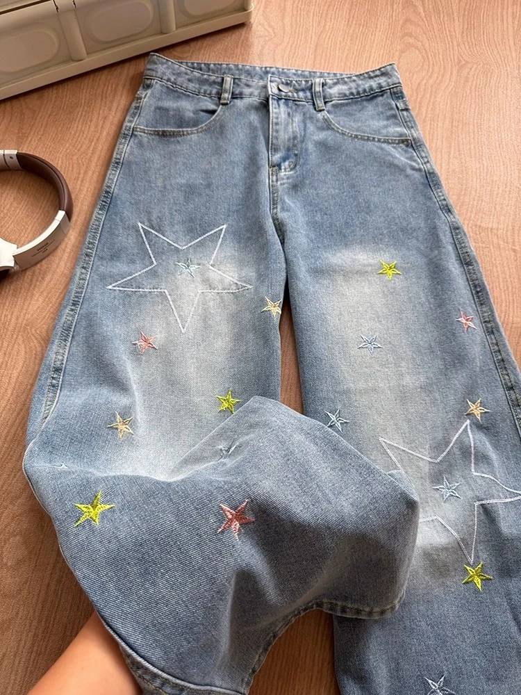 

Autumn Star Embroidered Jeans For Women High Waist Cartoon Y2K Blue Denim Pants American Casual Fashion Retro Loose Trousers