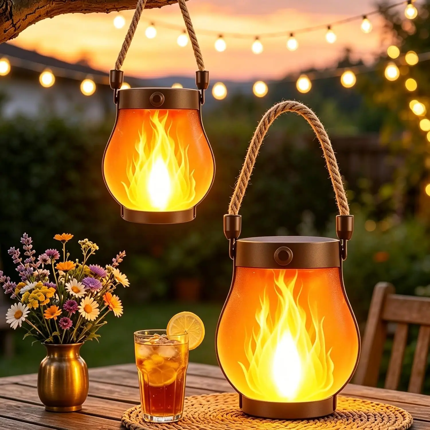 Dual Charging Solar Lantern Outdoor Flickering Flame Decorative Light with Hemp Rope Retro Hanging Lamp for Garden Patio Party
