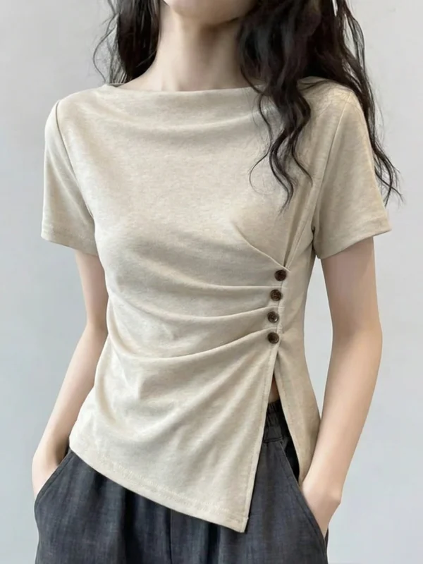 

Oatmeal Color Shoulder T-Shirt Women Summer New plus Size Unique Small Shirt Irregular Top Korean Style Loose Fit Knitted