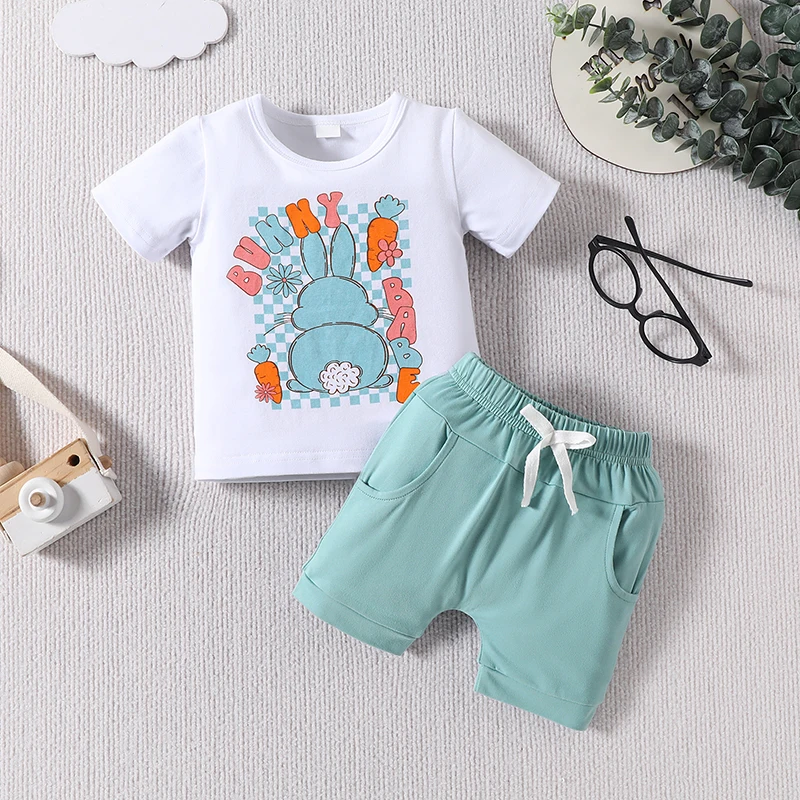 Baby Boy Easter Outfit Short Sleeve Bunny Print T-shirt with Elastic Waist Shorts 2-piece Outfit