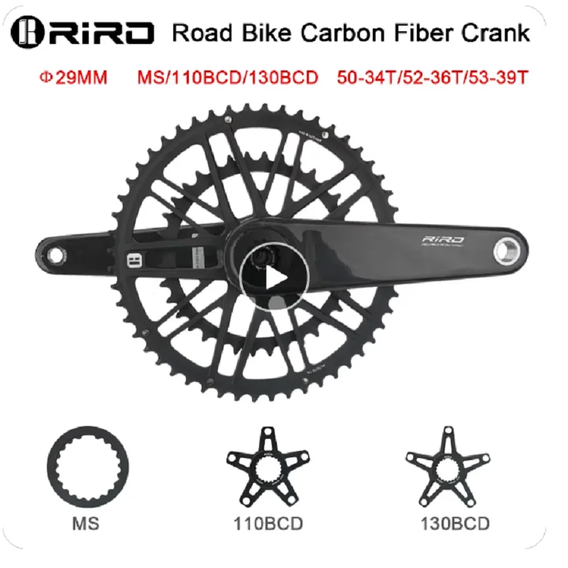 RIRO Carbon Fiber Crank Road Bike 29MM 11/12 Speed 50-34/52-36/53-39T MS Direct Mount/110/130BCD Bicycle Crankset Chainring