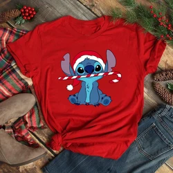 Cute Stitch Printed T Shirt for Women Tops Cartoon Merry Christmas Graphic Tees Red T-shirt Female Tshirt Clothes