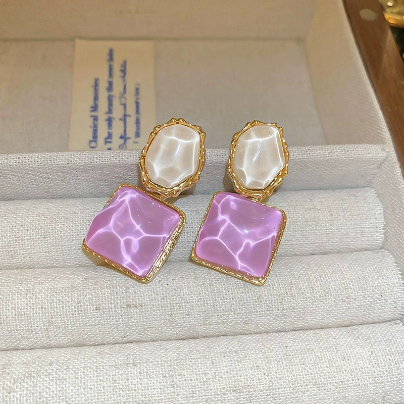 Blue Square Resin Dangle Earrings for Women Oval Asymmetric Purple Geometry Drop Earrings Party Trendy Personality Jewelry