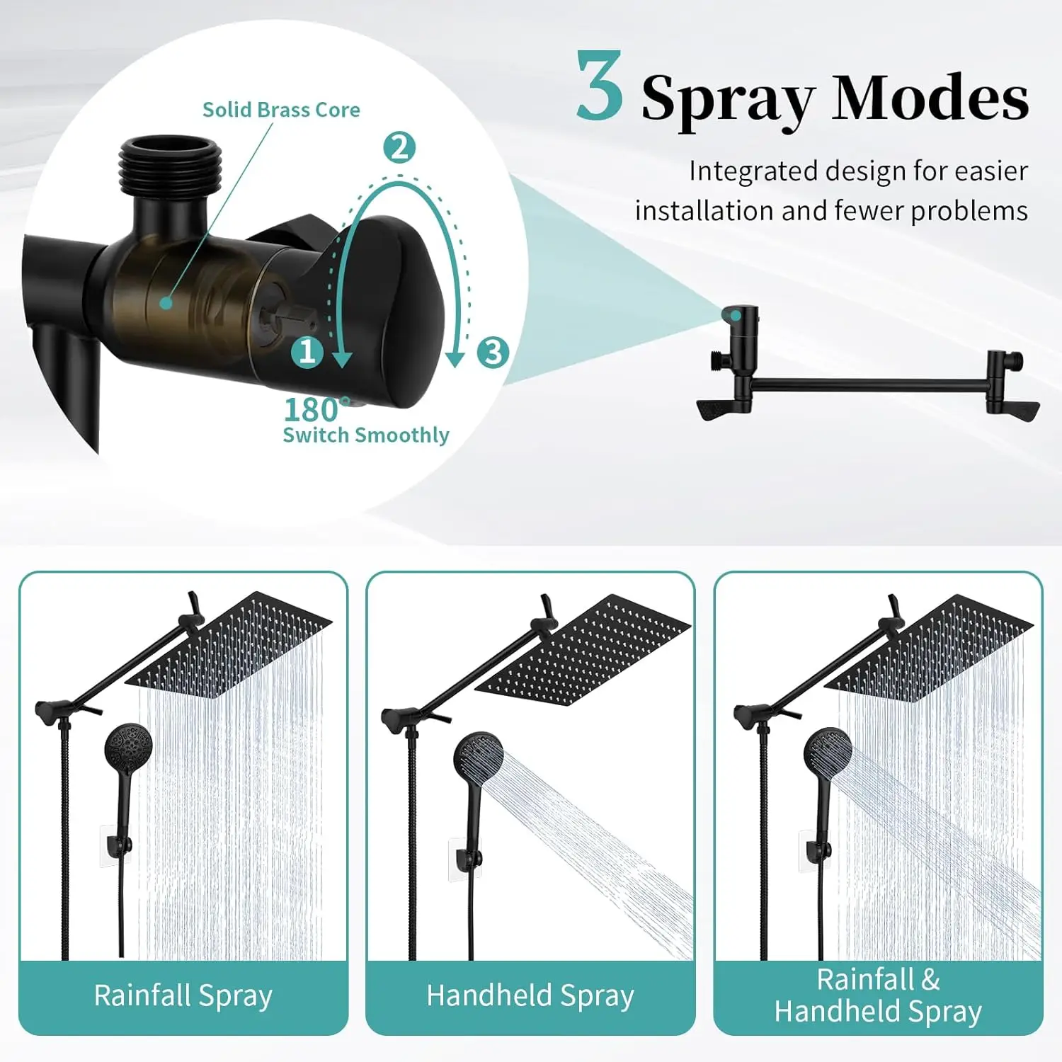 Rain Shower Head with Handheld Spray, 12'' Matte Black Shower Head with 11'' Extension Arm, 9 Setting Handheld Shower