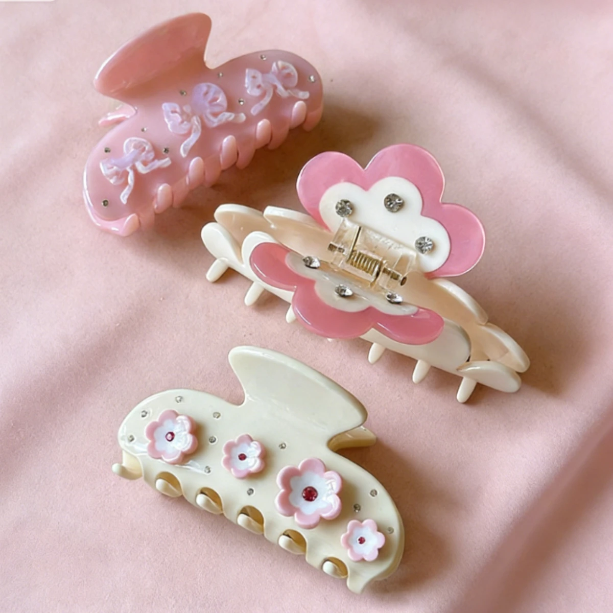 

Модная акриловая заколка для волос для девочек с милыми цветами, розово-белая, со стразами, большая заколка для волос