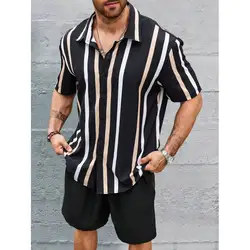 Summer Fashion Suit Men's Stripes 3D Printing Men's Quick-dry Shirt + Loose Drawstring Shorts Men's Vacation Leisure Suit