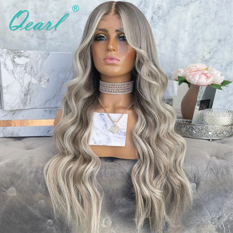 

Virgin Hairs Human Hair Full Lace Wigs Light Grey Ash Brown Blonde Lace Front Wig for Women 13x6 HD Lace Frontal Wavy 150% Qearl