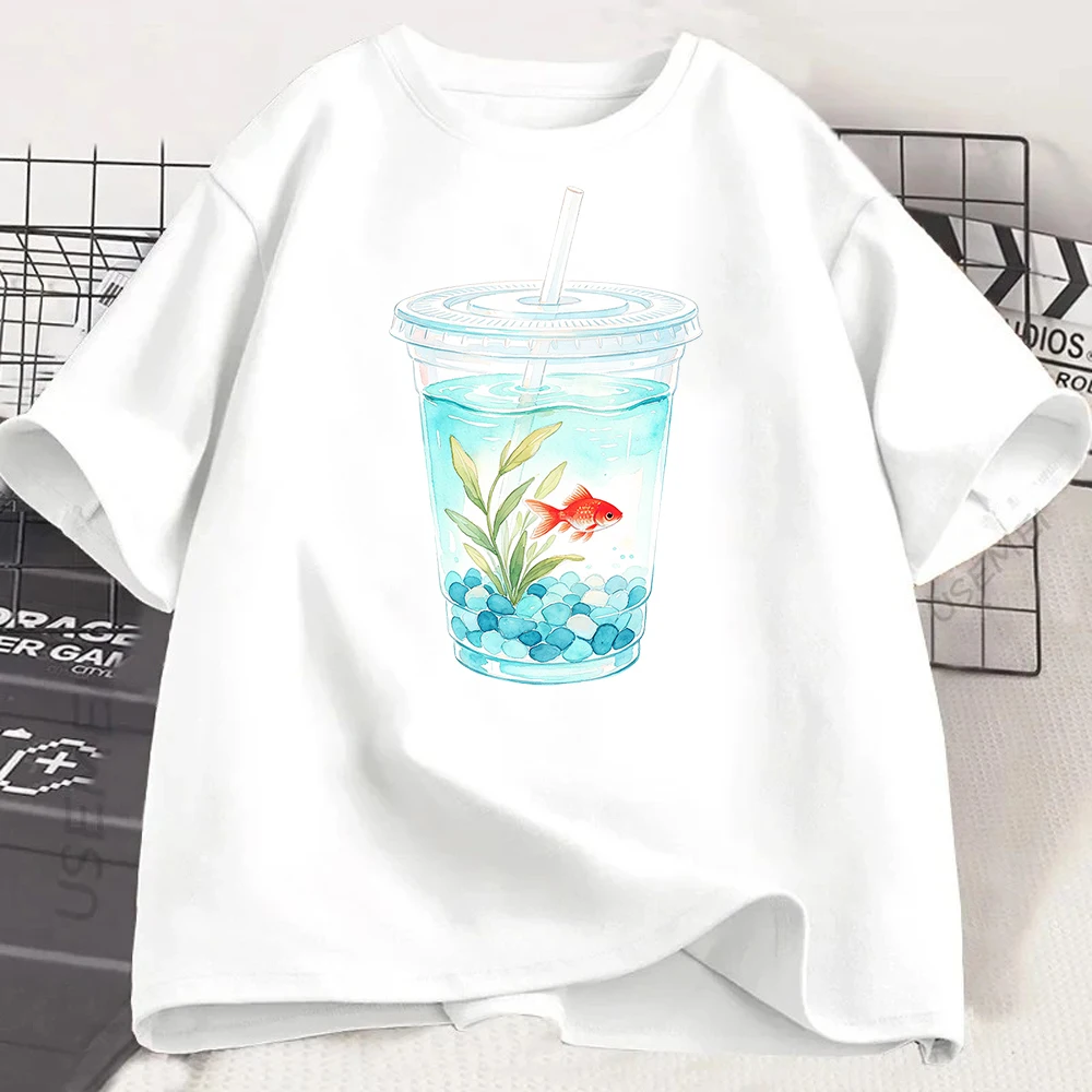 Camiseta con estampado de pez dorado para mujer, camiseta informal de verano con estampado de peces de acuario Kawaii, camiseta holgada de manga corta con cuello redondo