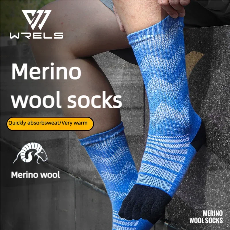 WRELS 1/3 pairs Merino Wool Socks For Men Thick Warm Hiking Running Cushion Crew Socks Merino Wool Sports Five Toe Socks