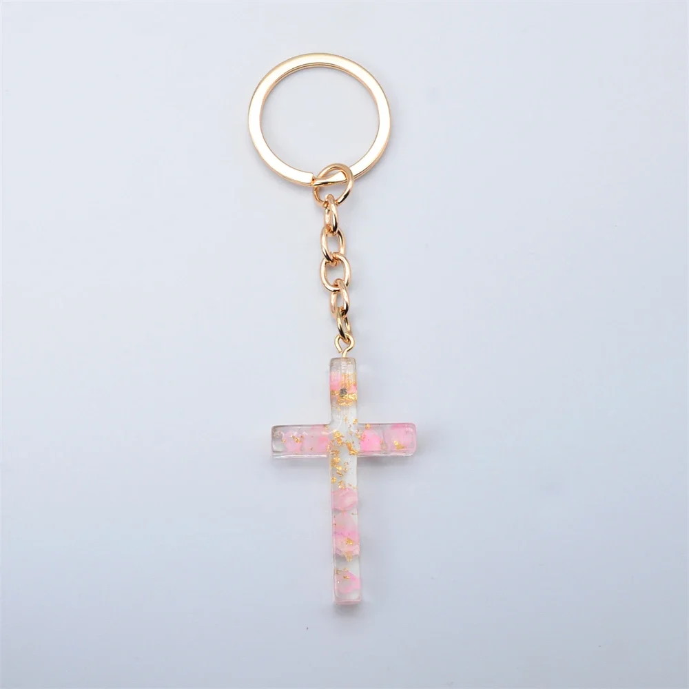 Exquisite Dried Flower Filled Cross Key Chain Fashion Resin Keyrings Bag Ornamant Car Motorcycle Trinket Christian Souvenir Gift