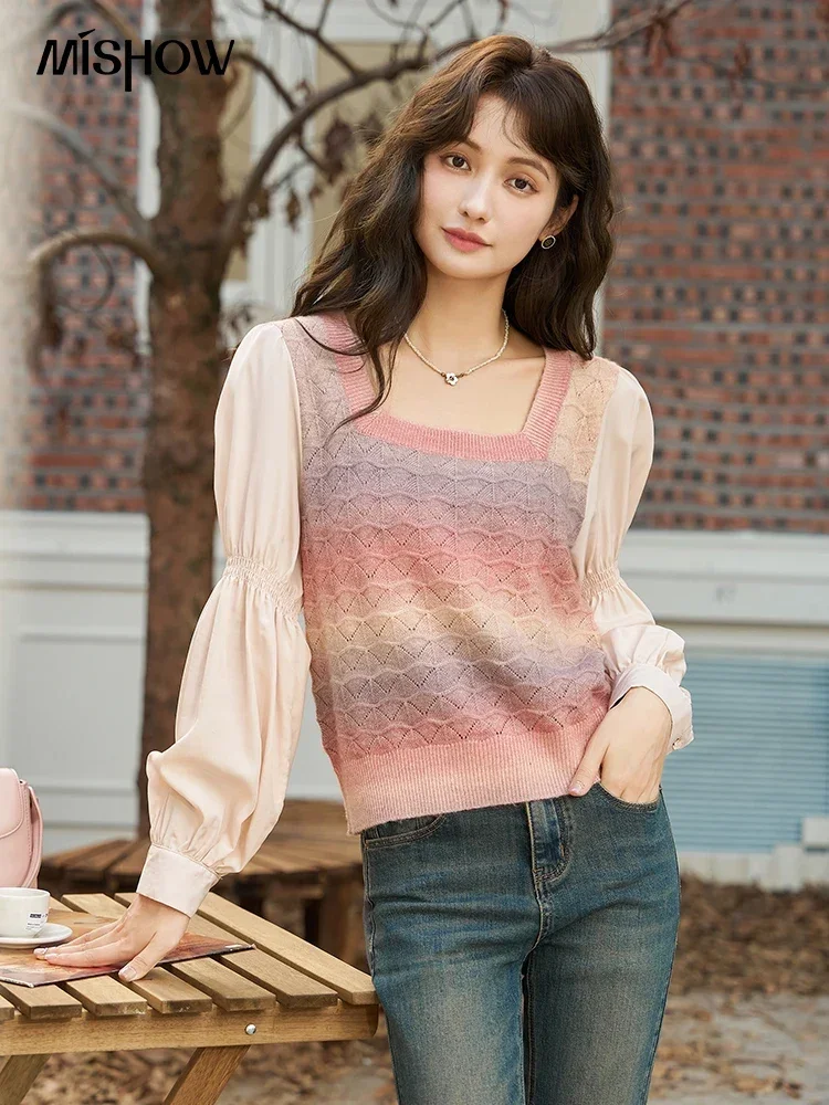 MISHOW Spliced Gradient Mohair Blouses for Women 2024 Autumn Retro Bubble Sleeve Pullover Square Collar Sweet Tops MXC43X1289