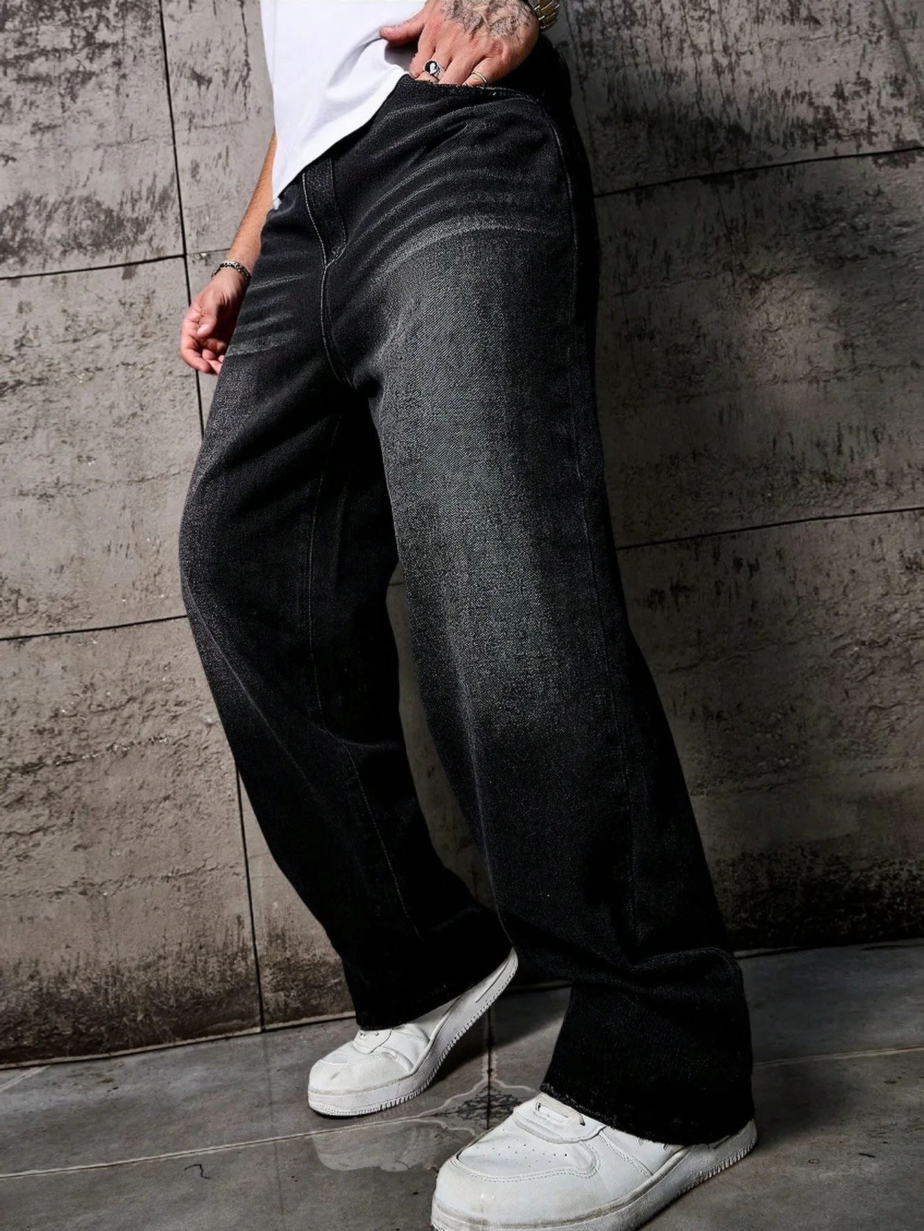 1 قطعة جينز مستقيم مريح للرجال باللون الأسود مغسول وفضفاض وواسع الساق، هدية مثالية للزوج والصديق #4