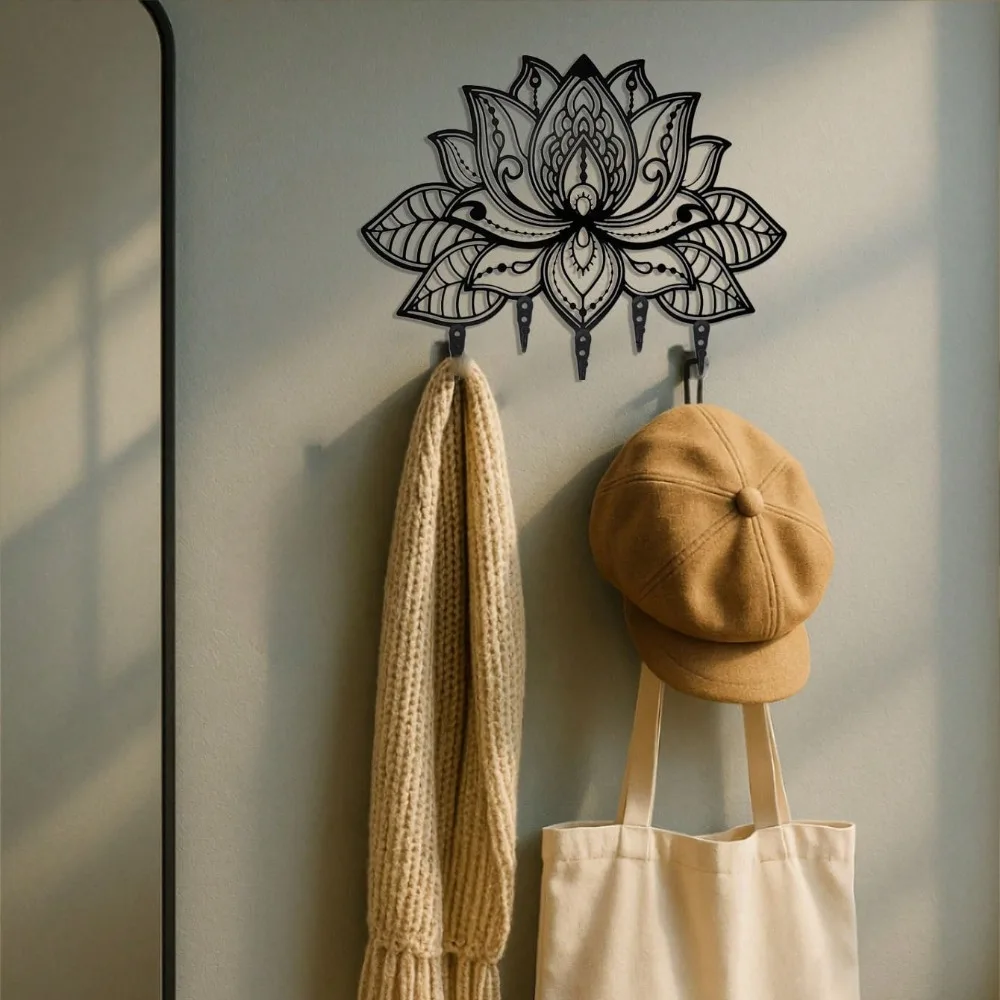 ロータス壁掛けキーホルダー - コートフックと帽子掛け付きのスタイリッシュな玄関オーガナイザー、鍵やバッグ用のモダンなゴールド/ブロンズシェルフ